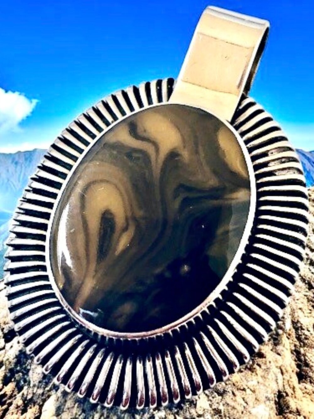 Vintage Mexican Sterling Silver Ribbed Border Brown Agate Cabochon Pendant 925